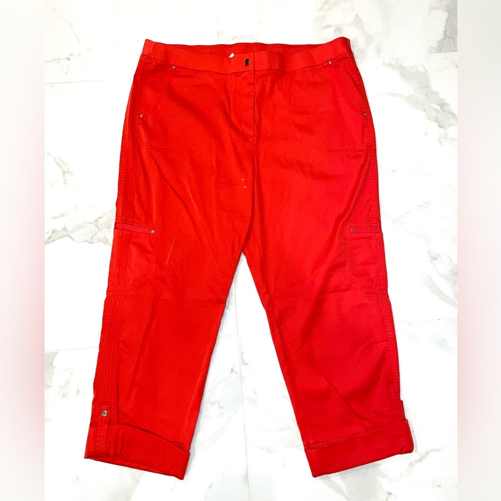 chico’s cargo pant with ankle tabs in deep coral. Never worn!